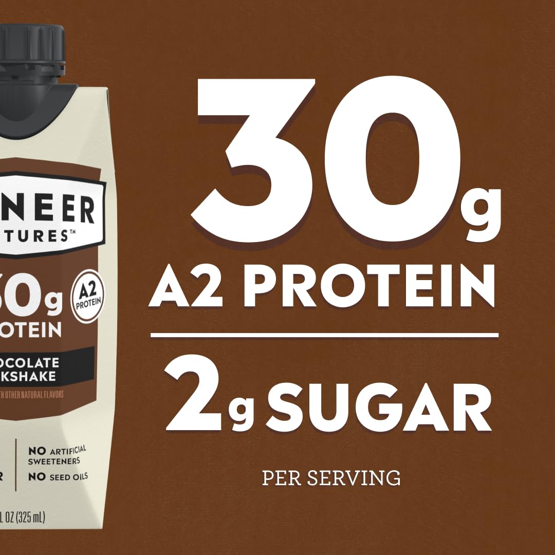 Pioneer Pastures High Protein A2 Milkshakes, Chocolate, 11oz, 12 Pack | A2 Protein Shake, 30g Protein, Ultra-Filtered, Lactose Free, 2g Sugar, No Seed Oils, No Artificial Sweeteners