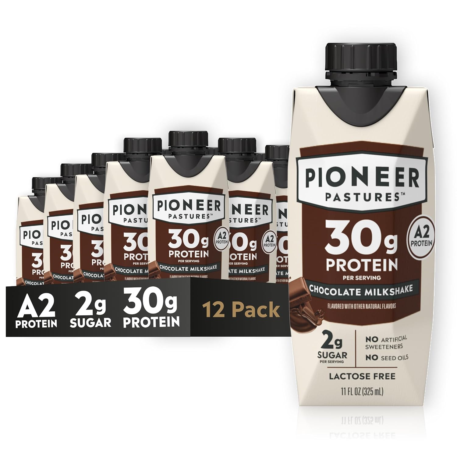 Pioneer Pastures High Protein A2 Milkshakes, Chocolate, 11oz, 12 Pack | A2 Protein Shake, 30g Protein, Ultra-Filtered, Lactose Free, 2g Sugar, No Seed Oils, No Artificial Sweeteners