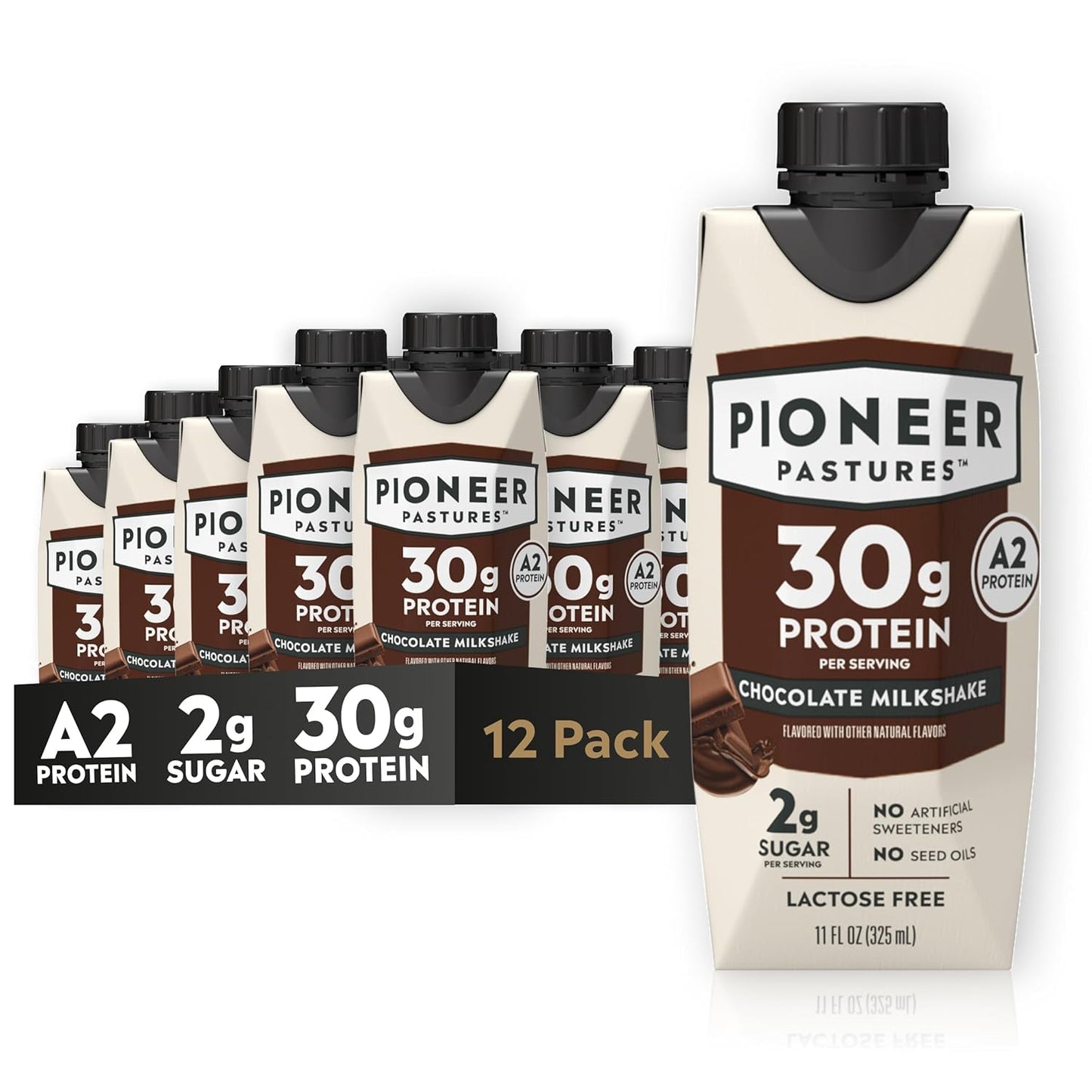 Pioneer Pastures High Protein A2 Milkshakes, Chocolate, 11oz, 12 Pack | A2 Protein Shake, 30g Protein, Ultra-Filtered, Lactose Free, 2g Sugar, No Seed Oils, No Artificial Sweeteners