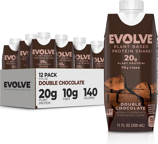 Evolve Plant Based Protein Shake, Double Chocolate, 20g Vegan Protein, Dairy Free, No Artificial Sweeteners, Non-GMO, 10g Fiber, 11 Fl Oz (Pack of 12) - (Formula May Vary)