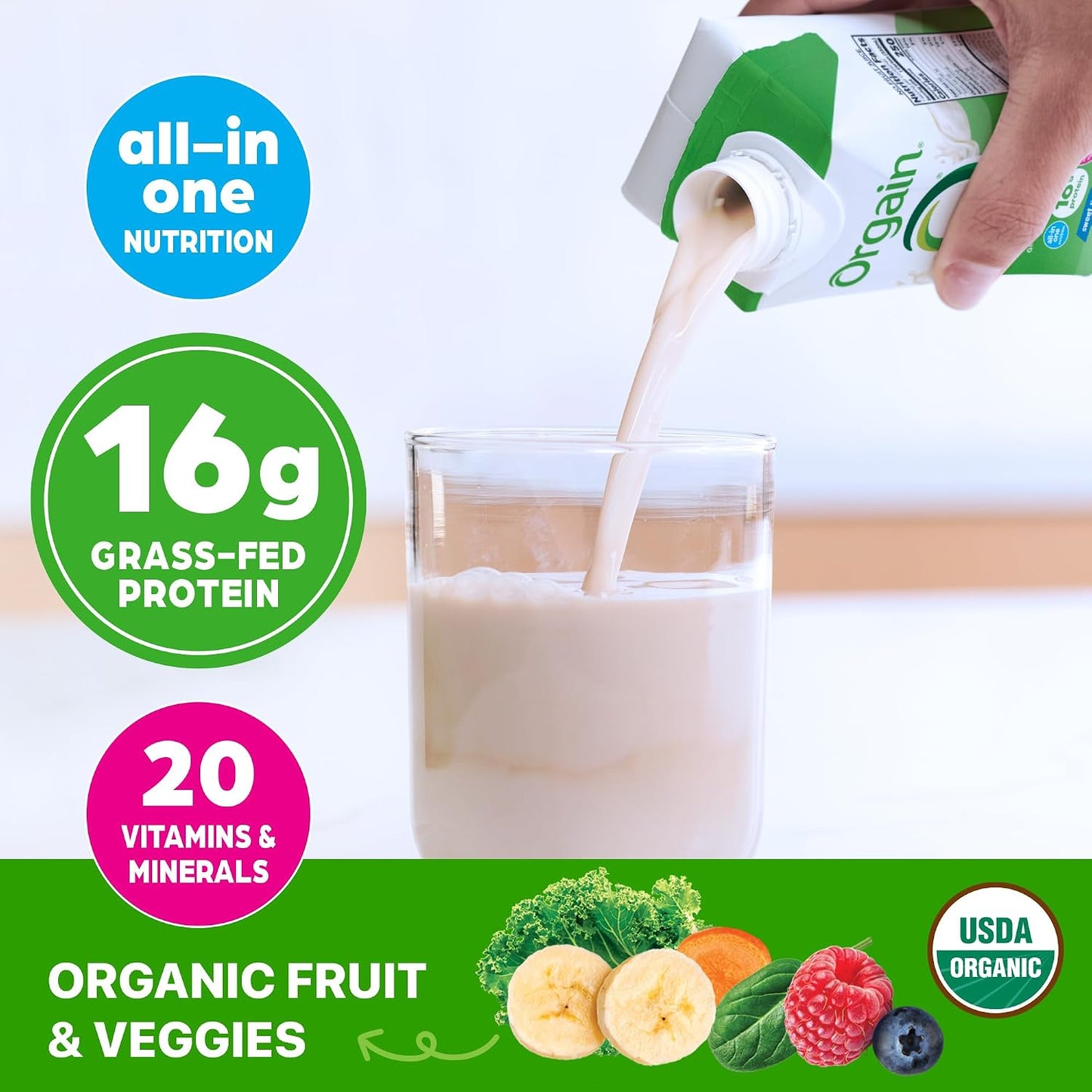 Orgain Organic Grass Fed Dairy 16g Protein Shake, Vanilla, 11oz, 12pk | Ready to drink grass-fed dairy protein, meal replacement, 20 vitamins & minerals, fruits & vegetables, non-GMO, gluten-free