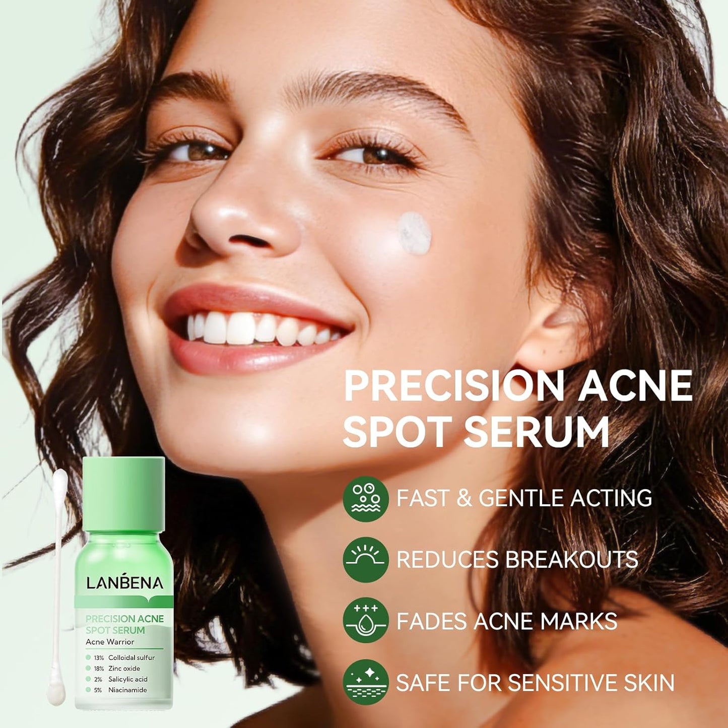 LANBENA 2% Salicylic Acid Spot Serum, 8H Rapid Acne Treatment for Acne-Prone Sensitive Skin, Fast-Acting Dry Out Pimples, Fade Acne Marks, Redness Relief, Overnight & Period Breakouts, 0.42 Fl Oz