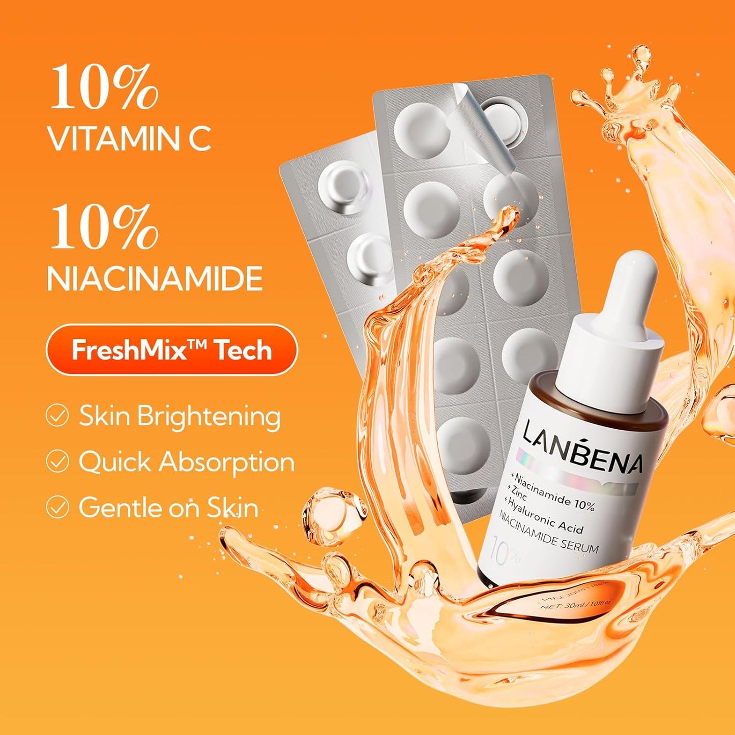 LANBENA Revolutionary Vitamin C Serum for Face, Illuminating Fcae Serum With Niacinamide, Brightening Anti-Aging Essence for Sensitive Skin, Non-Greasy, Reduces Dark Spots & Wrinkles (1.05 Oz)