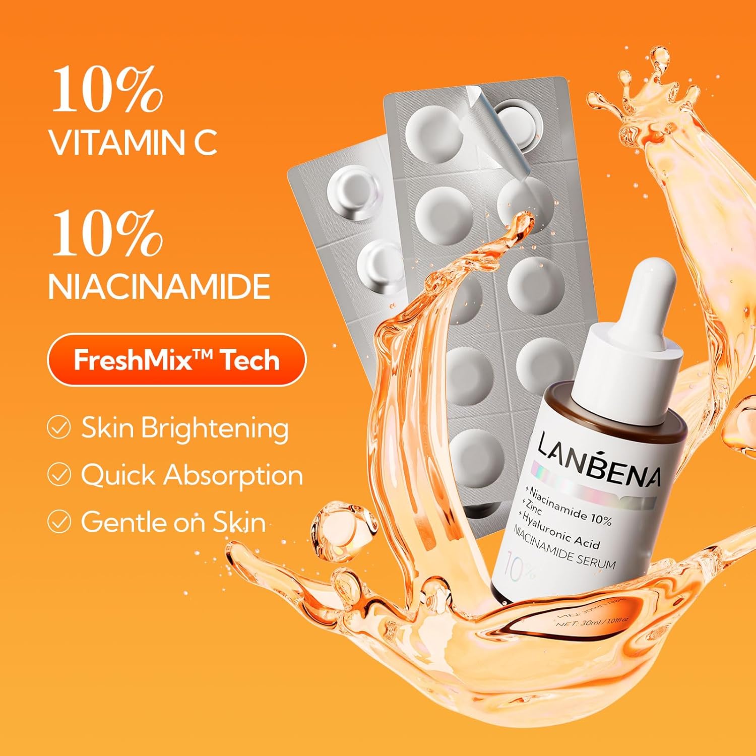 LANBENA Revolutionary Vitamin C Serum for Face, Illuminating Fcae Serum With Niacinamide, Brightening Anti-Aging Essence for Sensitive Skin, Non-Greasy, Reduces Dark Spots & Wrinkles (1.05 Oz)
