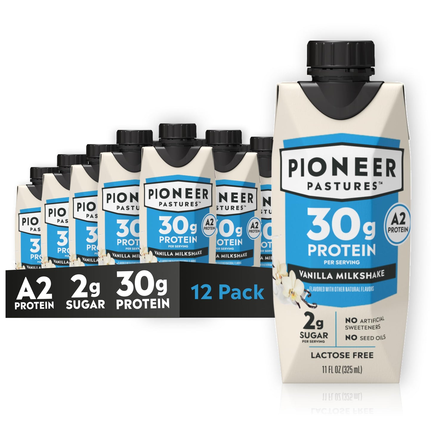 Pioneer Pastures High Protein A2 Milkshakes, Chocolate, 11oz, 12 Pack | A2 Protein Shake, 30g Protein, Ultra-Filtered, Lactose Free, 2g Sugar, No Seed Oils, No Artificial Sweeteners