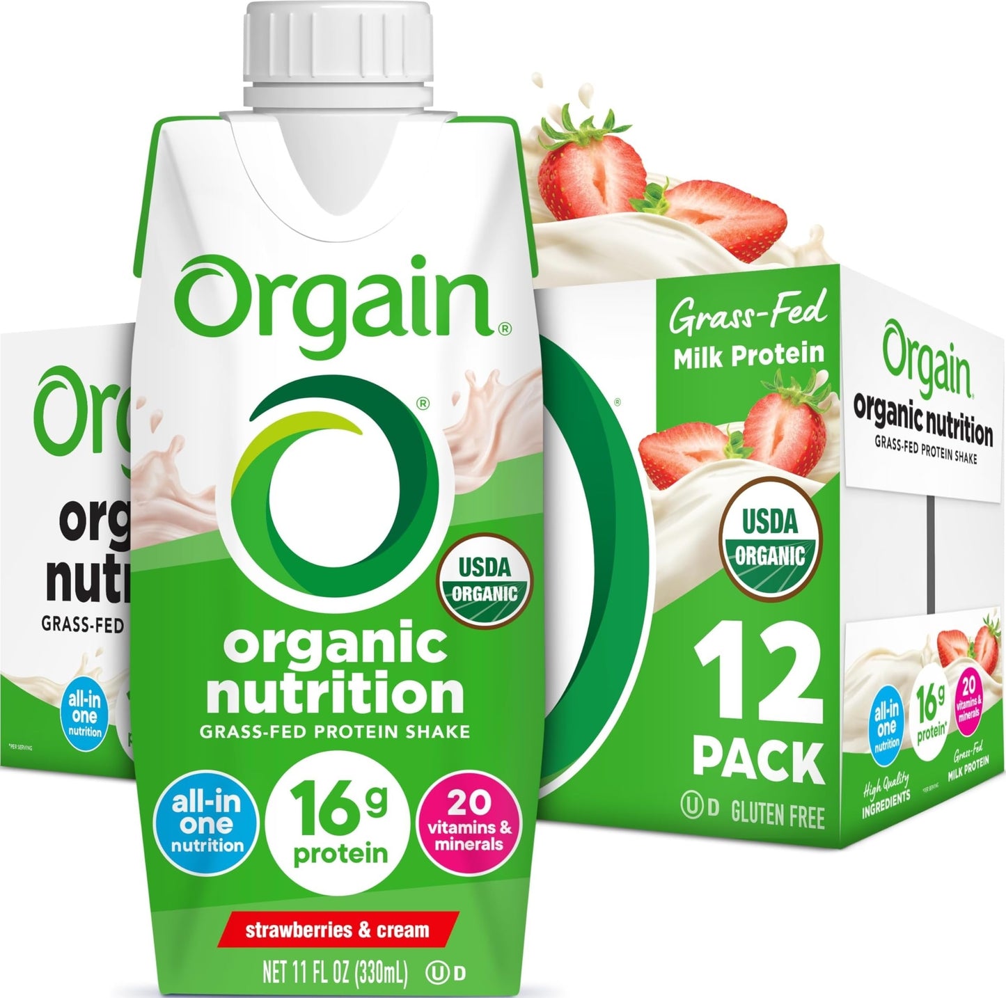 Orgain Organic Grass Fed Dairy 16g Protein Shake, Vanilla, 11oz, 12pk | Ready to drink grass-fed dairy protein, meal replacement, 20 vitamins & minerals, fruits & vegetables, non-GMO, gluten-free