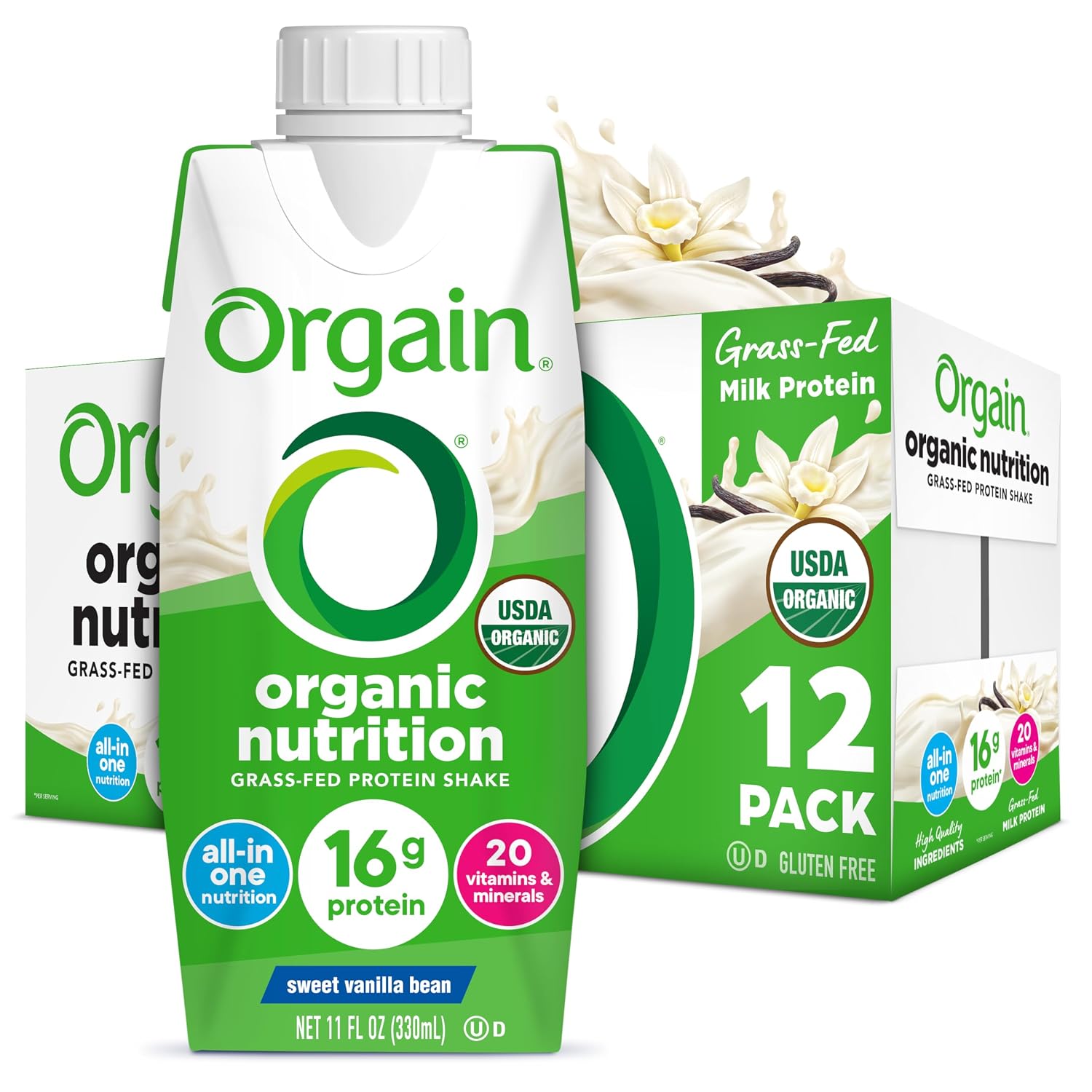 Orgain Organic Grass Fed Dairy 16g Protein Shake, Vanilla, 11oz, 12pk | Ready to drink grass-fed dairy protein, meal replacement, 20 vitamins & minerals, fruits & vegetables, non-GMO, gluten-free