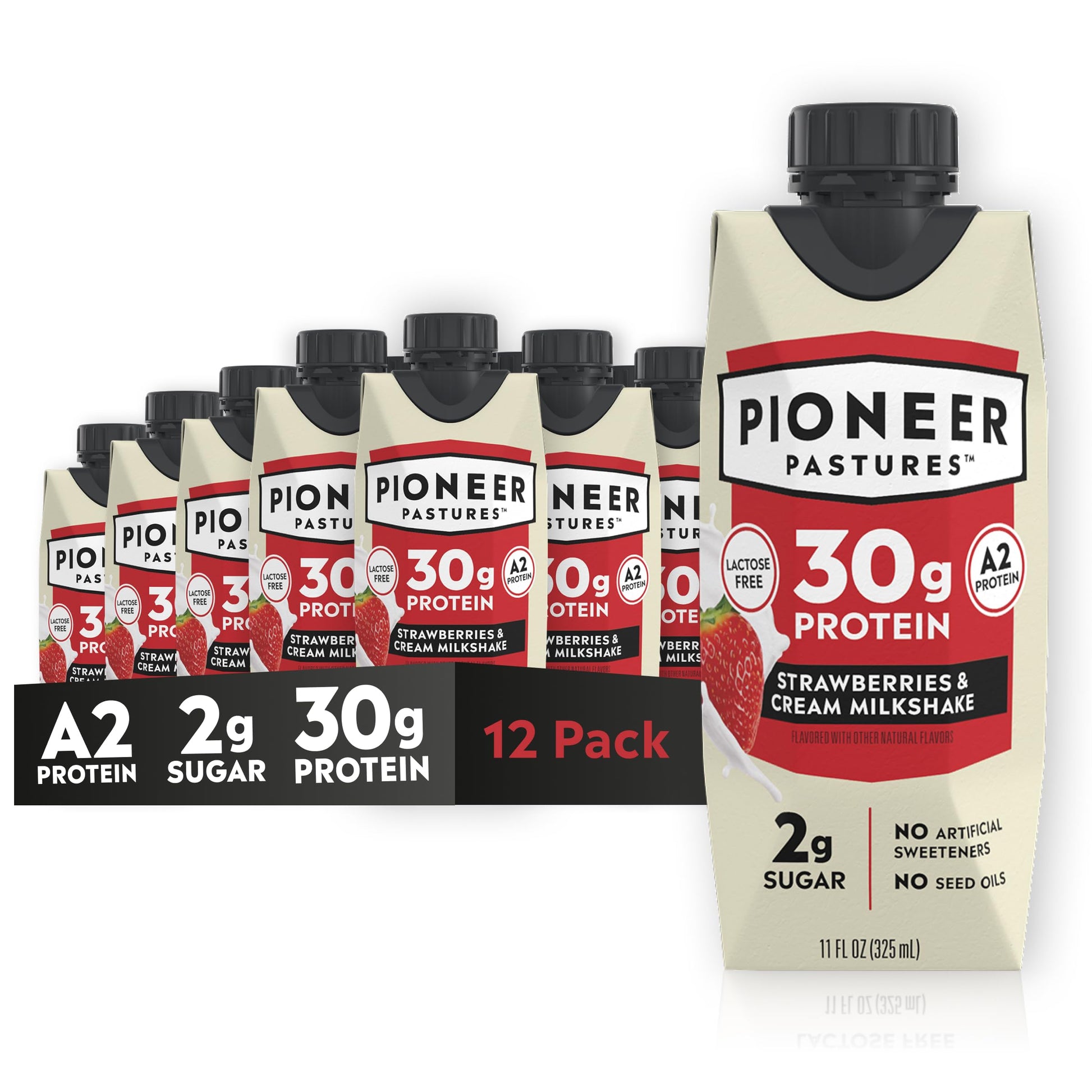 Pioneer Pastures High Protein A2 Milkshakes, Chocolate, 11oz, 12 Pack | A2 Protein Shake, 30g Protein, Ultra-Filtered, Lactose Free, 2g Sugar, No Seed Oils, No Artificial Sweeteners