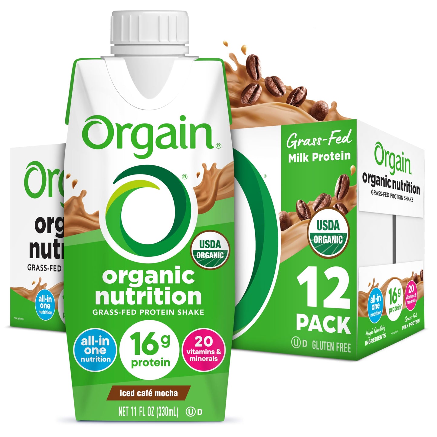 Orgain Organic Grass Fed Dairy 16g Protein Shake, Vanilla, 11oz, 12pk | Ready to drink grass-fed dairy protein, meal replacement, 20 vitamins & minerals, fruits & vegetables, non-GMO, gluten-free