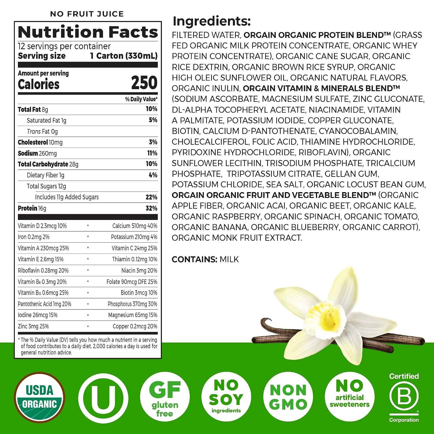 Orgain Organic Grass Fed Dairy 16g Protein Shake, Vanilla, 11oz, 12pk | Ready to drink grass-fed dairy protein, meal replacement, 20 vitamins & minerals, fruits & vegetables, non-GMO, gluten-free