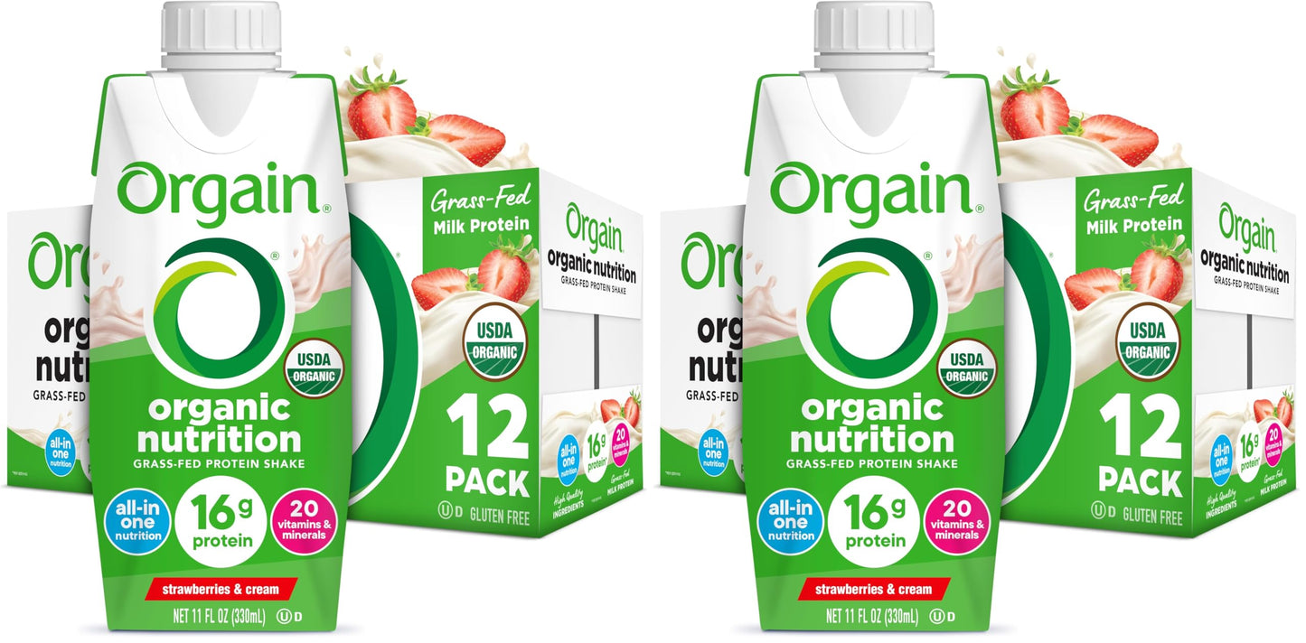 Orgain Organic Grass Fed Dairy 16g Protein Shake, Vanilla, 11oz, 12pk | Ready to drink grass-fed dairy protein, meal replacement, 20 vitamins & minerals, fruits & vegetables, non-GMO, gluten-free