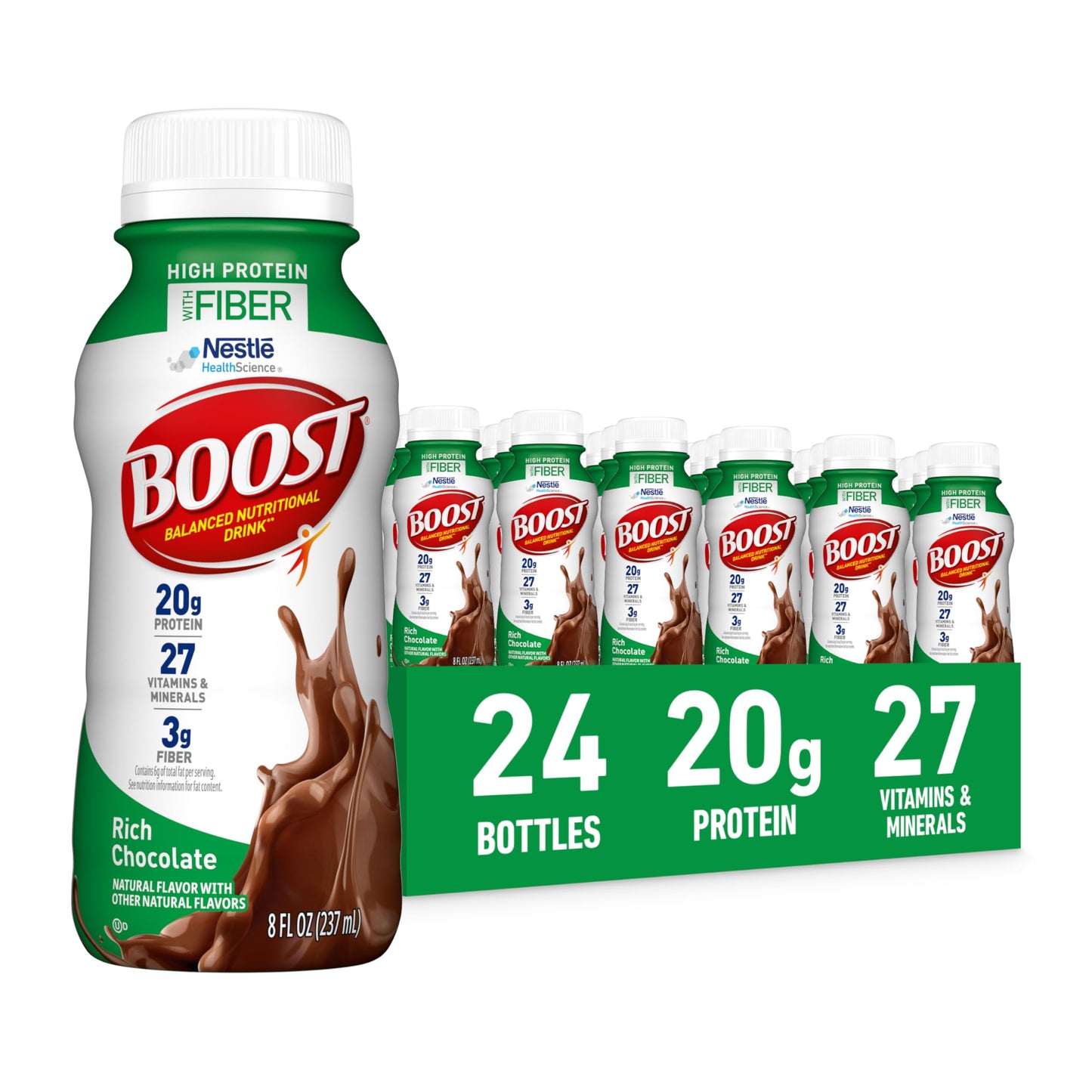 BOOST High Protein with Fiber Ready to Drink Complete Nutritional Drink, Creamy Strawberry, 8 fl oz Bottle, 24 Pack